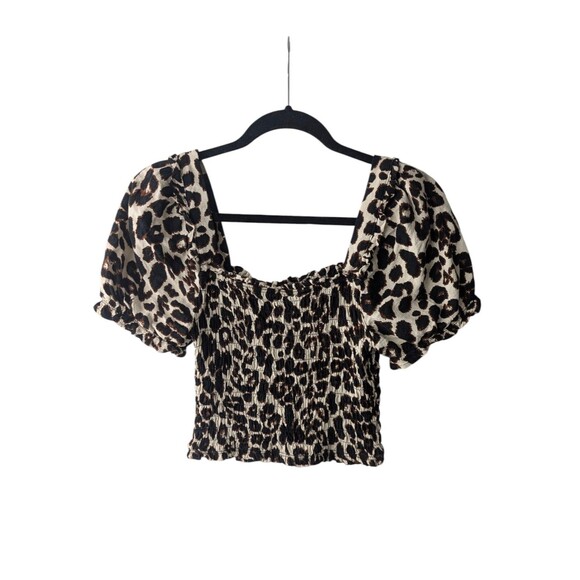 Monteau Puff Sleeve Smocked Crop Top Women's Size Med Leopard Print Linen Blend - Picture 1 of 3